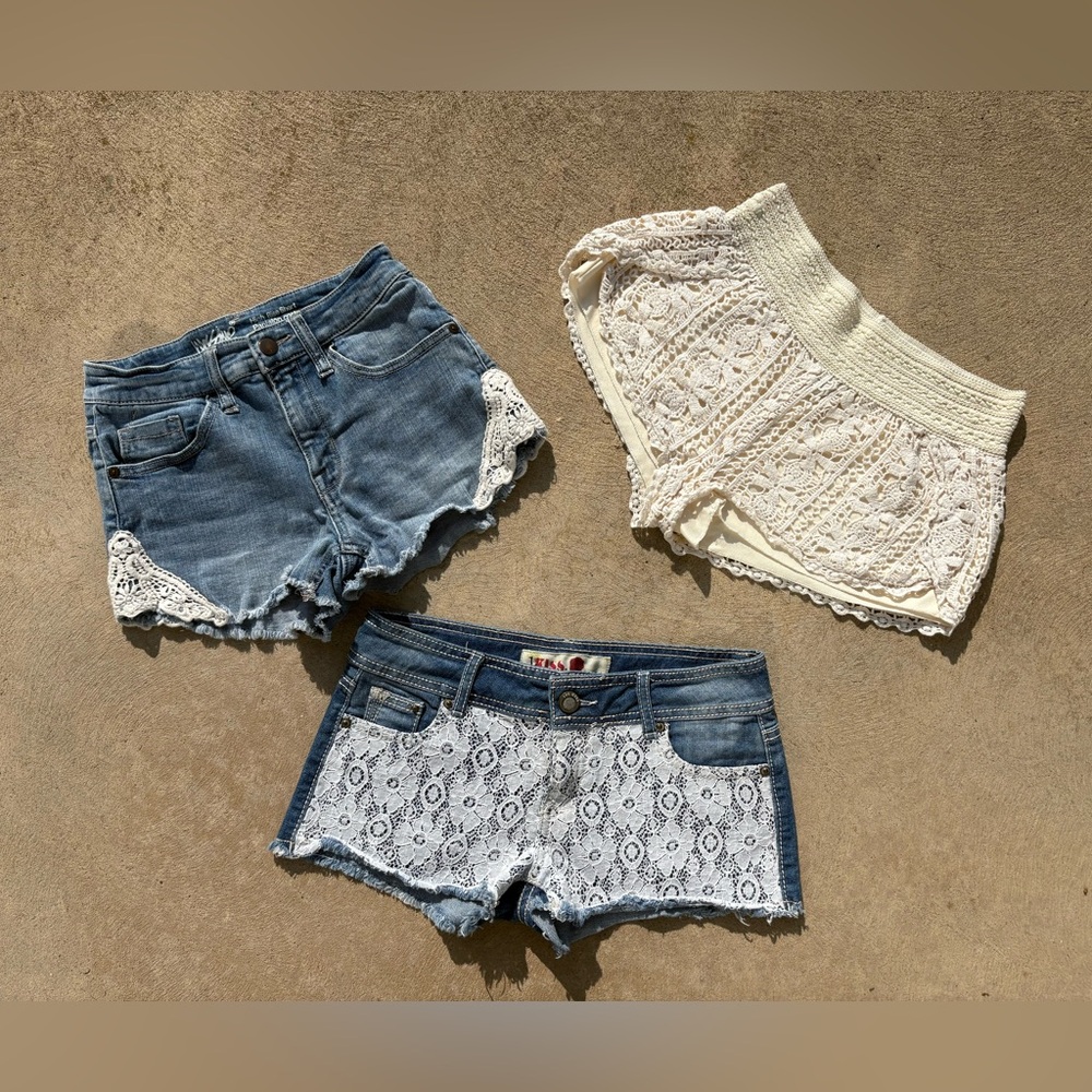 Set of 3 Pair Cute Boho Lace and Denim Shorts Size S